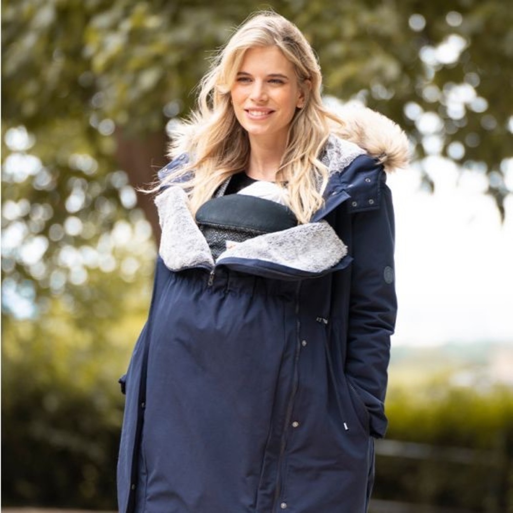 Seraphine Navy Blue Maternity Puffer Coat with Faux Fur Trim